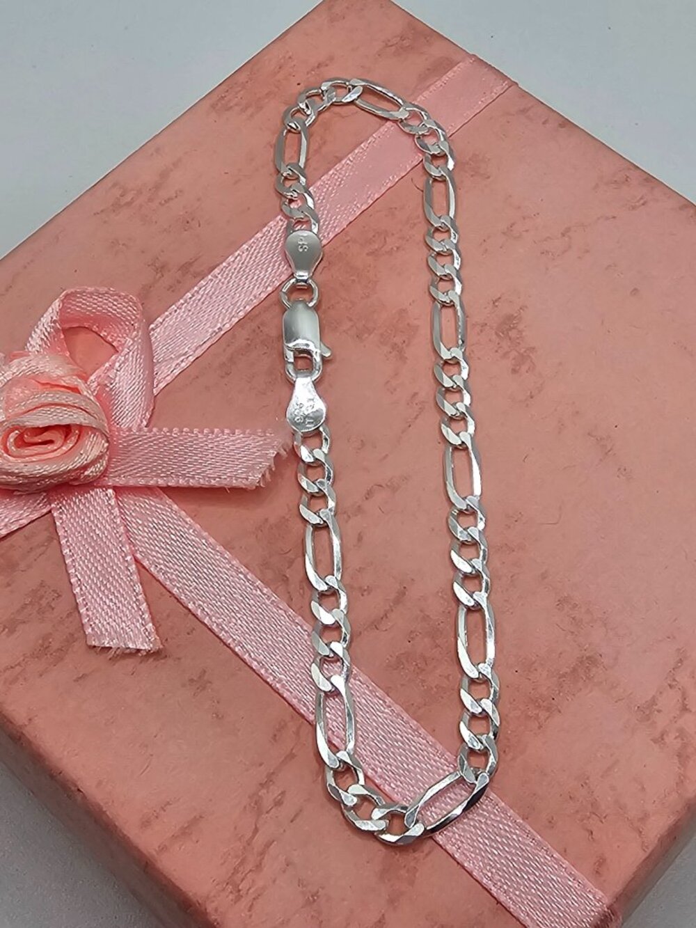 Sterling Silver 925 High Polished Figaro Bracelet 3.9mm 7 inches